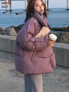 Модни градинска однотонная утепленная зимно яке в корейски стил с ревери, Однобортный джоб, Свободно женско палто, прости, универсални паркове