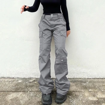 WeiYao, Сиви Ежедневни Панталони-с карго джобове, Дамски Реколта улични дънки с ниска талия, Корейски модни директни дънкови панталони
