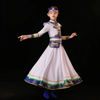 Костюм за тибетски танци за момичета, Детски Монголски танцово рокля, Китайско-Монголски Танцови, Тибетски Фолклорен костюм