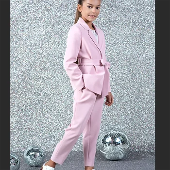 2023, нов бутик, розов костюм за момичета, двойка (яке + панталон Комплект висококачествени елегантни модни детски дрехи