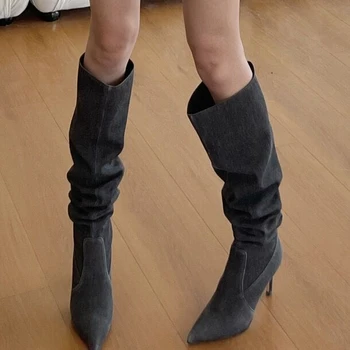 Зимни нови дамски обувки, чубрица дълги ботуши до коляното в ретро стил, обувки с тънък висок ток, дамски обувки на платформа, каубойски ботуши с остри пръсти