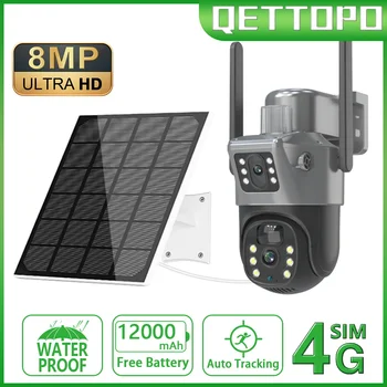 Qettopo 4K 8MP 4G Двухобъективная PTZ Слънчево Помещение с Два Екрана PIR Проследяване на Човек Външна WIFI Камера за Видеонаблюдение IP Камера