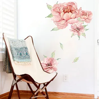 Реколта акварели стикери за стена под формата на цвете божур, PVC, розови растения, цветя, стикери за стена за хол, спалня момичета, декорация на дома