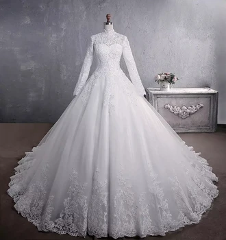 Бяла Сватбена рокля Трапецовидна форма с високо воротом и дълги ръкави, расшитое мъниста, Дантела и апликация, Пайети, шаферски Рокли 2023, Елегантни сватбени рокли