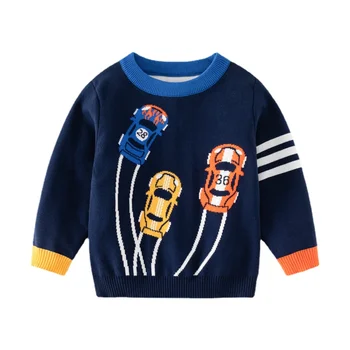 От 2 до 8 години, Пуловер за момчета с принтом машини, облекло за малки момчета, Зимата на топло вязаный пуловер, отгоре с дълъг ръкав, Без детски трикотаж