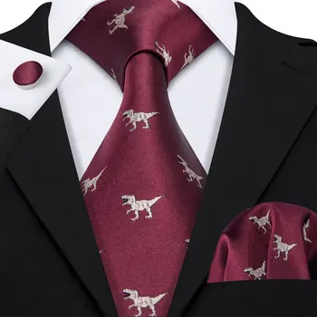 Вино-червено Мъжка вратовръзка от Коприна фигура на динозавър, Класически тъкани джобни Квадратни копчета за ръкавели, комплекти за костюми, за вратовръзки, подарък за официални партита Бари.Дизайнер Wang