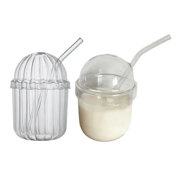 Термостойкая прозрачна стъклена чаша с капак и соломинкой, чаши за вода, Чаши за кафе с лед, мляко, чай, сок